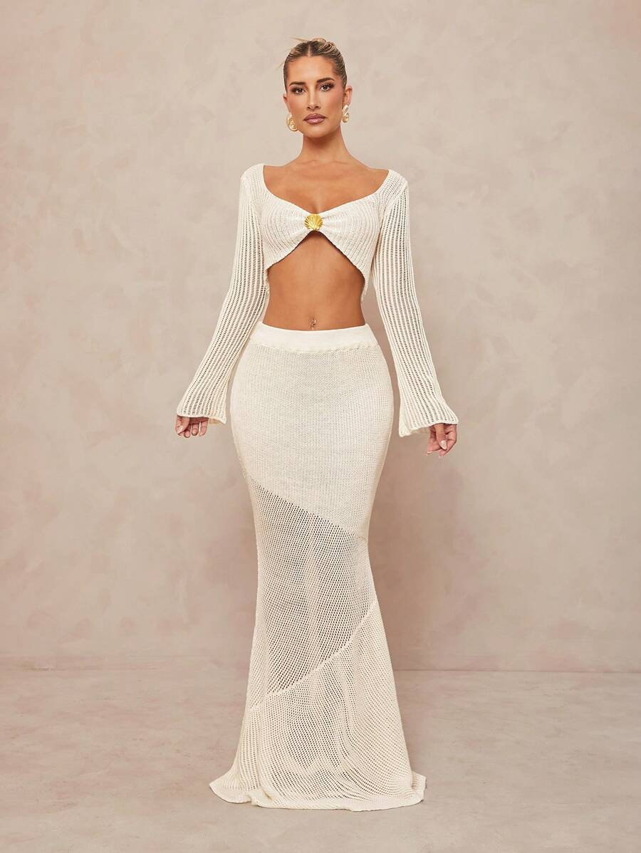 Lumalex Outing Swimsuit Swimwear Swim Cover-Up Bikini Set Summer Swimsuit Swimwear Swim Vacation Elegant Easter Bohemian BOHO Sea Beach Hot Outdoor Richly Layered Wedding Season Banquet Coming Of Age Ceremony Beach Seaside 2pcs Women Fashion Sexy Crop Sweater And Super Long Skirt Set In Fall/Winter