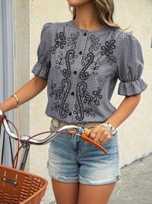 SHEIN PETITE Áo sơ mi kẻ sọc thêu hoa thường ngày cho kỳ nghỉ của phụ nữ - Đen và trắng - Xem 5