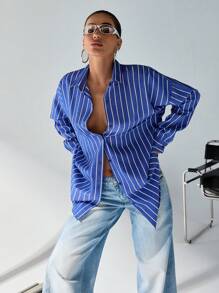 EURMUSE WOMAN BLUE AND WHITE LINED POPLIN BLOUSE - Navy Blue - View 5