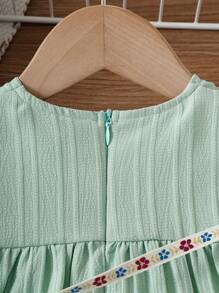 2pcs Set Baby Girls Sage Green Princess Ruffle Trim Short Sleeve Top With Flower Ribbon Bow,Cute Summer Family Matching Outfit For Spring & Autumn - Mint Green - View 4