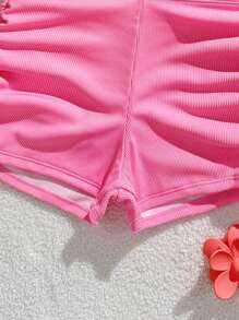 SHEIN Conjunto de traje de baño de color rosa sólido, con diseño sencillo y dulce para niña adolescente - Rosa - Ver 4