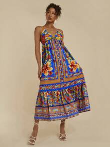 Travachic Women's Floral Print Ruffle Hem Spaghetti Strap Dress, Vacation Style - Blue - View 7