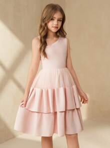 SHEIN 青少年女孩圆领无袖多层网眼拼接荷叶边下摆派对连衣裙