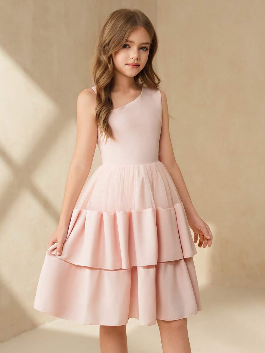 SHEIN 青少年女孩圆领无袖多层网眼拼接荷叶边下摆派对连衣裙