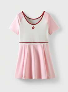 JNSQ Back To School Tween Girl Sporty Short Sleeve Dress, Kids' Color Block Round Neck Outdoor Sports Short Sleeve Dress, Suitable For Autumn Daily Wear, Outdoor Activities, Vacation, Streetwear, Party And Leisure - Red and White - View 6