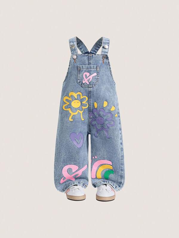 SHEIN Washed Denim Baby Girl Romper With Floral Print, Loose Bib Pants,Holiday,Summer,Travel
