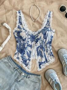 Soleia Plus Size Women Floral Print Lace Patchwork Cropped Tank Top, Romantic Floral Bohemian Boho Romantic Floral Vacation Floral - Blue and White - View 6