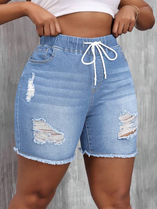 SHEIN SXY Plus Size Casual Vakantie Zomer Denim Shorts met Trekkoord en Elastische Taille