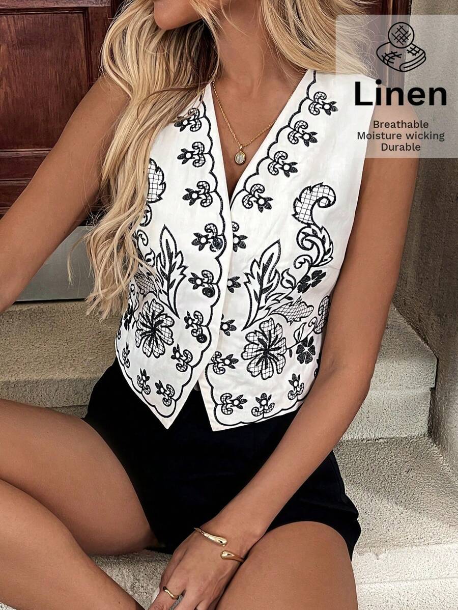 SHEIN Essnce Áo tank top nữ thêu họa tiết lễ hội mùa hè Bohemian - Áo sơ mi cài nút kiểu dáng cổ điển mùa hè 2025 họa tiết hoa dành cho nữ - Nhiều màu - Xem 1