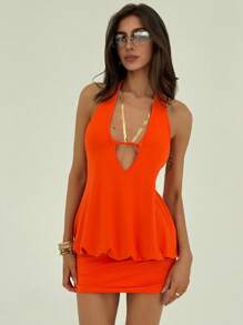 Aloruh New Sexy Deep V Neck Backless Ruched Clingy Mini Dress, Orange, For Going Out - Orange - View 3