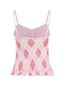 Plaid Front Slit Chest Ruched Ruffled Hem Cute Sweet Teenage Girls Camisole - Pink - View 2