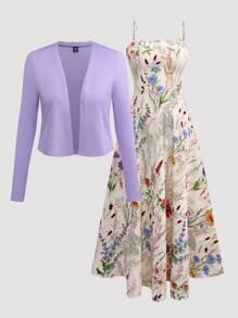 Franclia Plus Size Elegant Solid Color Jacket & Floral Print Cami Dress Set Fall Cloth For Women - Purple - View 4