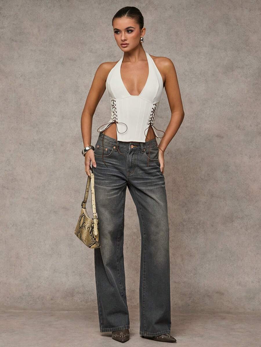 SHEIN BAE Áo hở lưng không tay hở lưng cho nữ có dây buộc ở eo, thiết kế gợi cảm - trắng - Xem 1