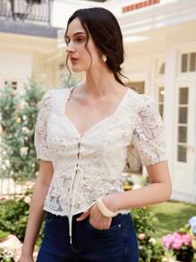 Chiquease Blusa elegante e casual da donna, con vita stretta, in tessuto a rete lavorato a maglia e ricamato - Albicocca - Visualizzare 4