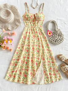 Soleia Váy xẻ cao eo họa tiết hoa cami cho nữ, phong cách nghỉ dưỡng cho mùa hè - Màu vàng - Xem 7