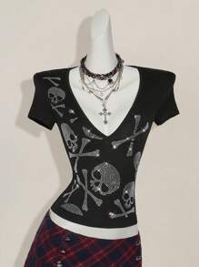 SHEIN ICON Fashionable Rhinestone Skull Deep V-Neck Short Sleeve T-Shirt For Summer - Black - View 4