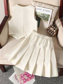 Conjunto de 2 piezas para chicas preadolescentes compuesto por top sin mangas de unicolor con botones asimétricos y falda plisada, color beige, ideal para volver al colegio, con estilo francés elegante y para ir de manera fashionable - Beis - Ver 7