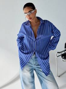 EURMUSE WOMAN BLUE AND WHITE LINED POPLIN BLOUSE - Navy Blue - View 7