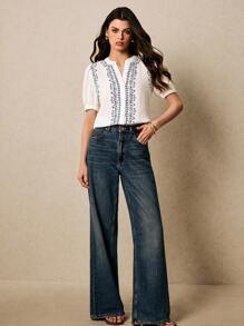 Poéselle 白衬衫、度假衬衫、棉质衬衫、波西米亚风、女士植物刺绣V领短泡泡袖休闲衬衫 - 白色 - 查看 4