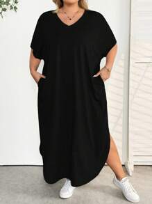 SHEIN CURVE+ Vestido largo con diseño de bolsillo y abertura, casual y adecuado para uso diario, nuevo para primavera/verano para mujeres de talla grande - Negro - Ver 7