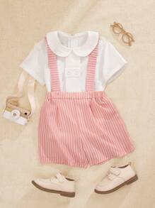 SHEIN French Retro Gentleman Boys 2pcs Set: Collared Short Sleeve Shirt + Striped Suspender Pants, Fashion Gentleman Elegant Suit For Summer Party & Occasions