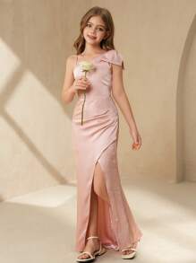 SHEIN 优雅长款蝴蝶结单肩褶皱开衩连衣裙，适合女孩、花童婚礼、舞会、结婚周年派对 - 粉色 - 查看 3