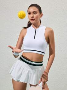 CourtClass Women Half Zip Front Ribbed Sport Bra - White - View 1