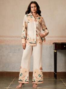 Anewsta Elegant, Vacation, Casual, 2 Pieces Sets, Beach, Festival Women Front Button Floral Print Simple Long Sleeve Top And Pants 2 Pieces Set Spring Outfits