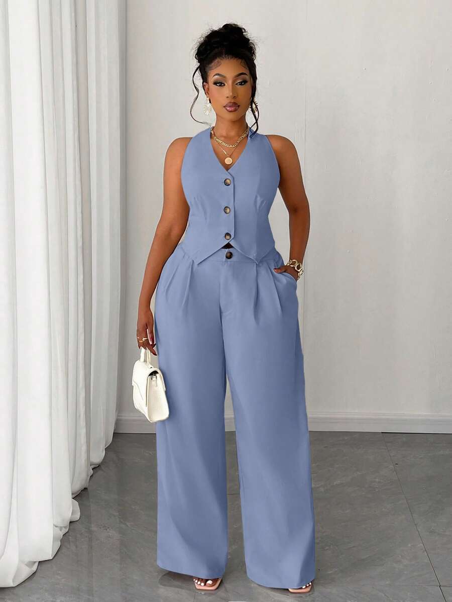 Maweii Plus Size Women Solid Color Short Vest And Wide Leg Pants 2 Pieces Set Formal Blue - Blue - View 1