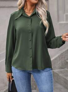 Vionelle Plus Size Solid Color Romantic Long Sleeve Shirt With Lapel Collar And Front Buttons Fall Cloth For Women - Army Green - View 4