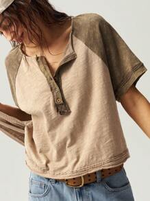 Bohemela Boho Vintage Style Knit Splicing Short Sleeve Half Placket Fitted Washed T-Shirt For Women, Spring Summer