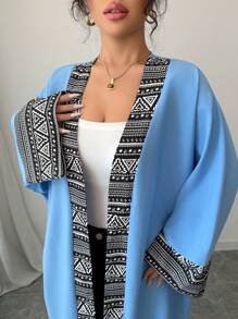 Al Najma Women's Patchwork Print Long Sleeve Loose Fit Arabic Abaya, Modest Robe - Blue - View 3