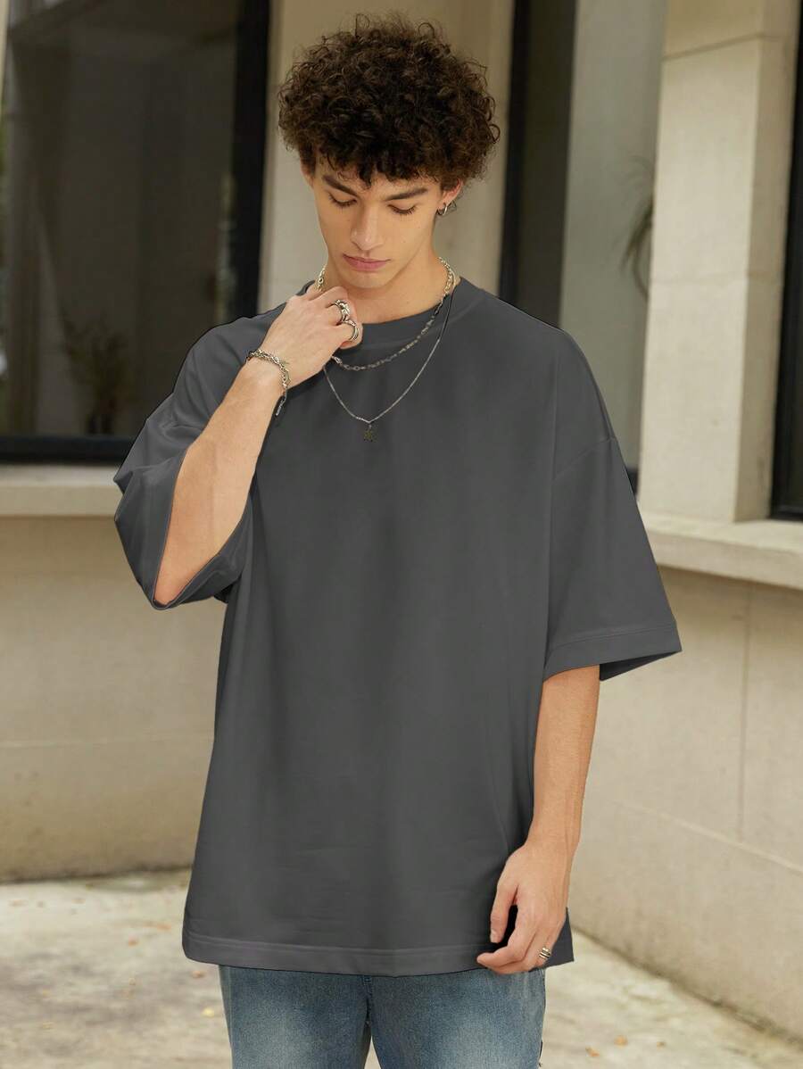 Manfinity Hypemode Casual Loose Men's Solid Drop Shoulder T-Shirt For Summer - Lead Gray - View 1