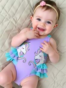 SHEIN Baby Girl Cute Unicorn Print Ruffle Trim One-Piece Swimsuit, Summer Baby Clothing Cheap Baby Girl Clothes Baby Clothing Girl Infant Girls Clothing Baby Girl Clothes Customized - Purple - View 4