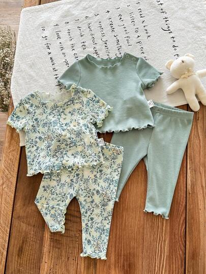 SHEIN LMoss Kids Dozemod 儿童新生女婴 4 件套休闲碎花荷叶边圆领短袖上衣和长裤针织罗纹睡衣套装，夏季