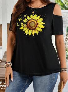 EMERY ROSE Femmes grande taille T-shirt décontracté à manches courtes avec imprimé tournesol et papillon, épaules dénudées. Style campagne chic pour les vacances. Simple et pour le port quotidien. Hauts d'été pour femmes, tenue de bureau pour les vacances, festival boho, sortie simple et - Noir - Voir 4