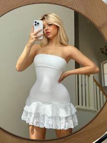 Sweetina Slim Fit Lace Ruffle Hem Mini Dress With Folding Collar - White - View 4