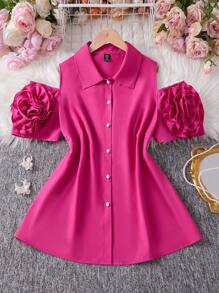 Plus Size Women Floral 3D Decorated V-Neck Shoulder Exposure Button Short Sleeve Blouse - Hot Pink - View 1
