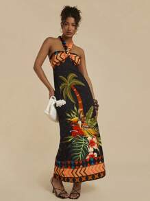 Travachic 女士度假棕榈树印花吊带连衣裙 - 黑色 - 查看 4