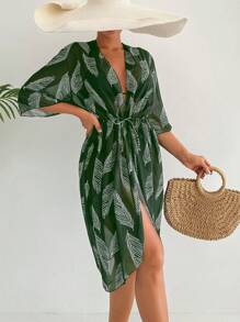 SHEIN Swim Women's Tropical Plant Printed Belted Beach Bikini Cover Up For Summer