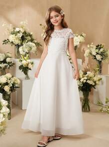 SHEIN Tween Girl Elegant High-End Lace Patchwork Glossy Satin Long Sleeve Flower Girl Dress For Weddings, Galas, Birthdays, Performances