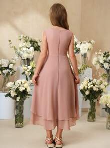 SHEIN Sukienka letnia dla dziewcząt w jednolitym kolorze, bez rękawów, z okrągłym dekoltem i modnym wzorem - Brudny różowy - Zobacz 2