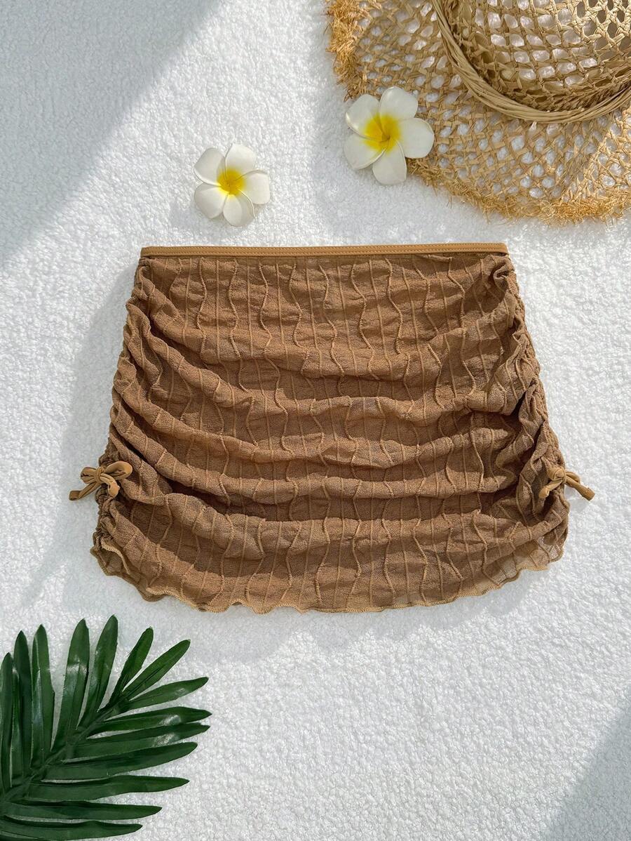 SHEIN Tween Girl Solid Color Hollow Out Ruched Skirt, Vacation/Beach - Coffee Brown - View 1