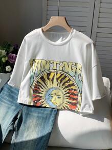 SHEIN EZwear Camiseta crop sol & con estampado de letra de hombros caídos