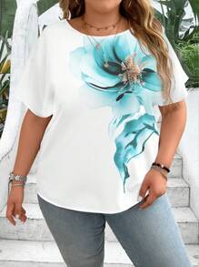 EMERY ROSE Casual Floral Pattern Round Neck Short Sleeve Plus Size Shirt, Suitable For Summer Chic Blouses For Women - Multicolor - View 5