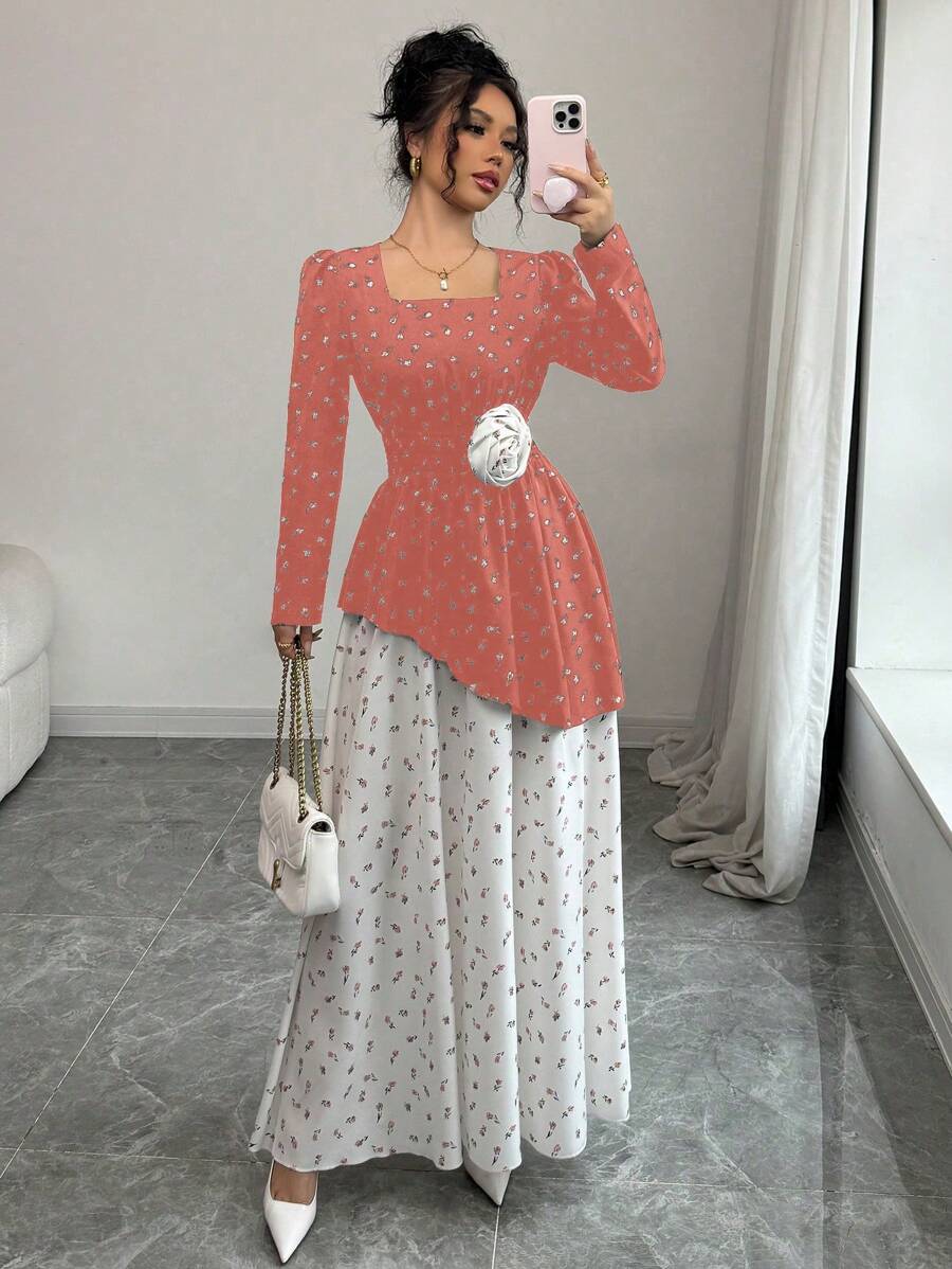 Chiquease Women Square Neck Black & White Ditsy Floral Colorblock Elastic Waist Long Dress, Spring & Autumn Fall Cloth For Women - Orange - View 1