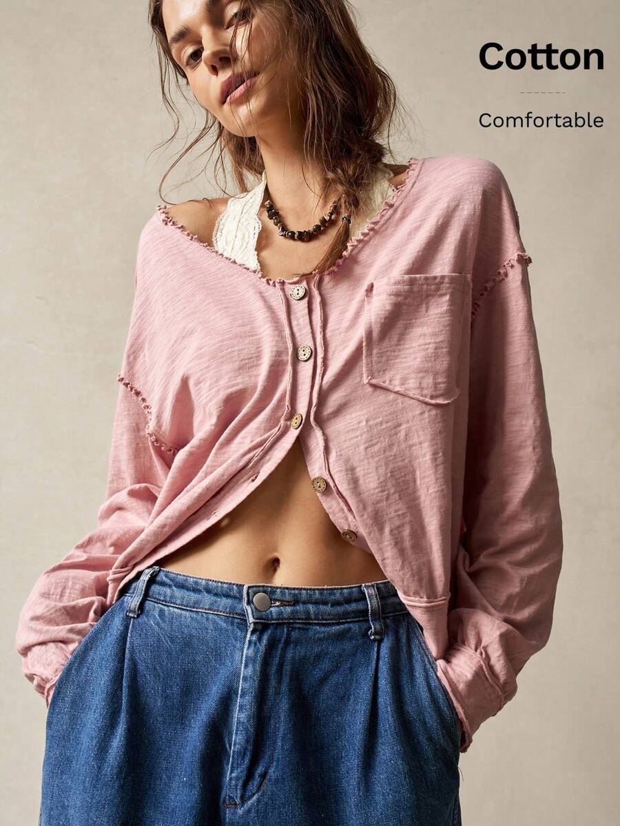 Bohemela Áo sơ mi đơn giản cổ chữ V tua rua màu trơn có túi dành cho nữ - Bụi hồng - Xem 1