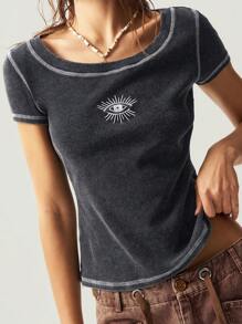 Bohemela Boho Women's Solid Color Knit Crew Neck Short Sleeve Fitted Washed T-Shirt - Black - View 2