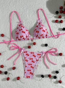 SHEIN Countryside Style Cherry Print Cute Bikini Set, Swimming, Holiday, Beach Party Bikini Set - Pink - View 1