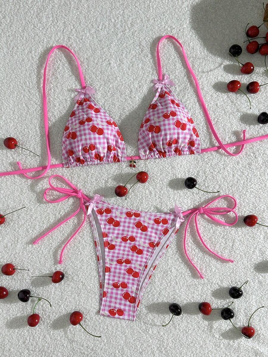 SHEIN Countryside Style Cherry Print Cute Bikini Set, Swimming, Holiday, Beach Party Bikini Set - Pink - View 1